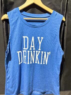 Day Drinkin Blue Sleeveless Graphic Muscle Tank Top